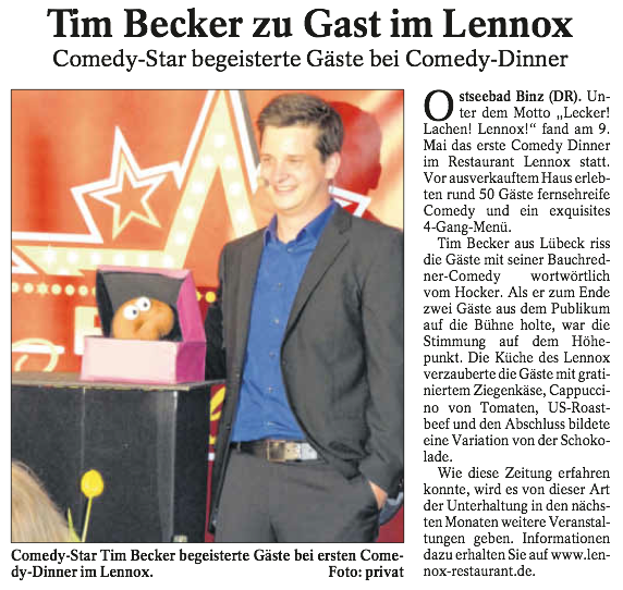 Bauchredner Tim Becker raus Lübeck beim Comedy-Dinner in Binz auf Rügen